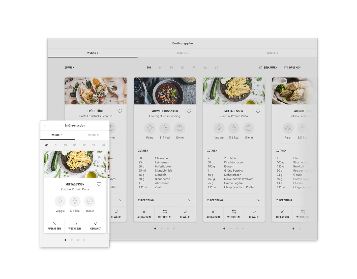 Partner Ernährungsplan Plan mit Mahlzeiten (Desktop responsive Ansicht Beispiel Tag)